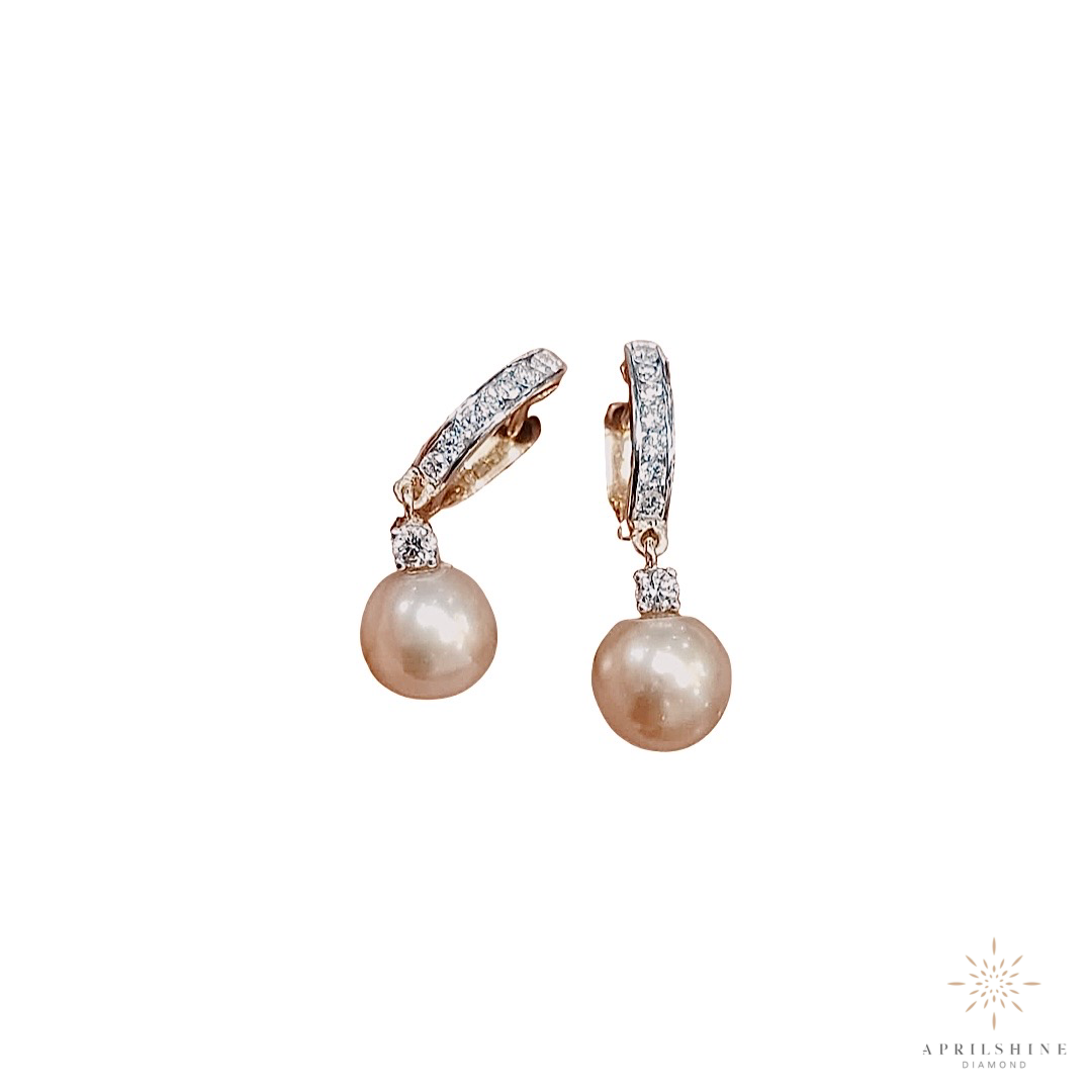 14K Gold Pearl Diamond Huggie Earrings